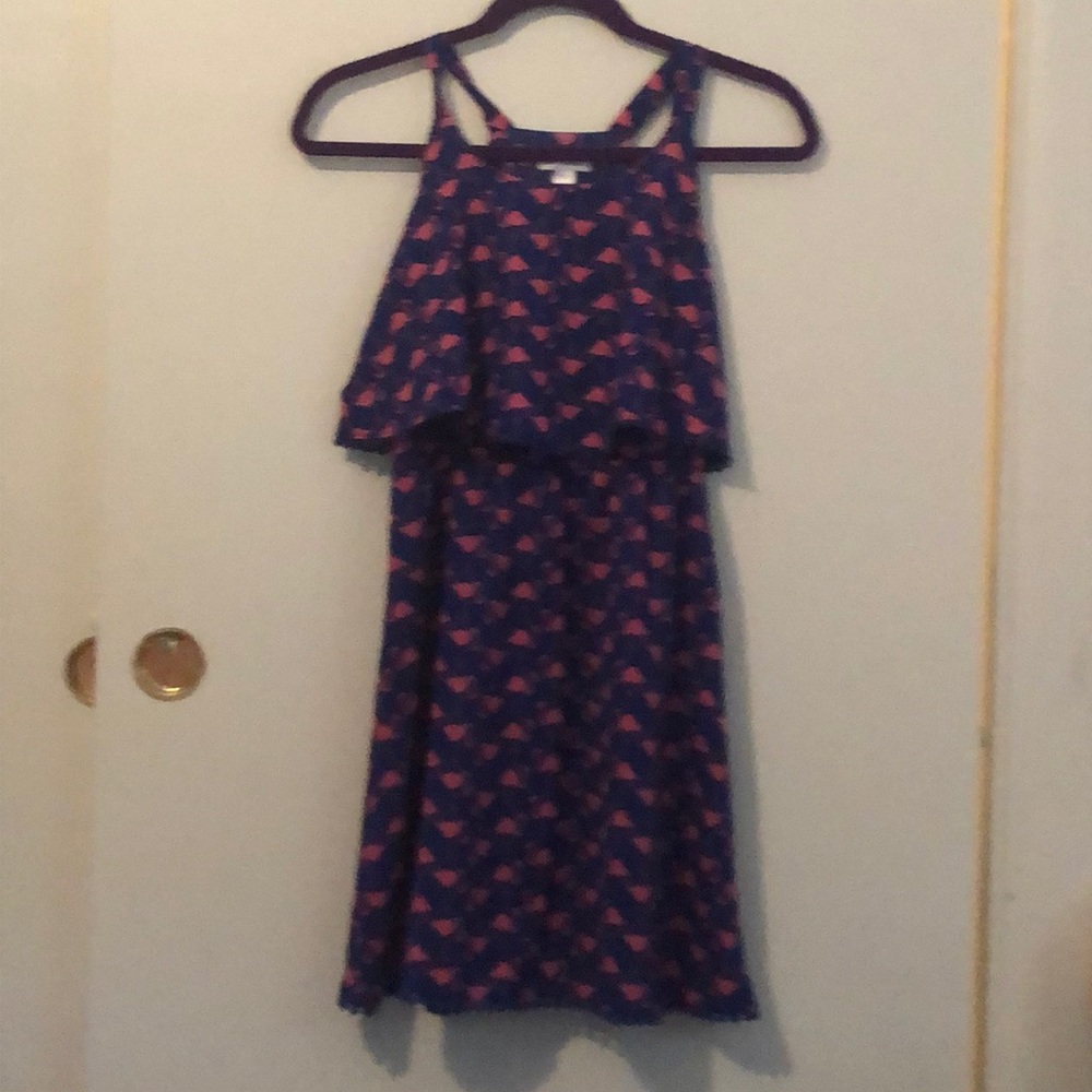 Blue dress with flamingo pattern.